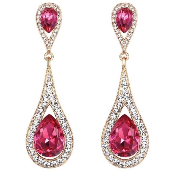 Yellow Gold with Fuchsia and Diamond Austrian Crystal Dual Teardrop Earrings